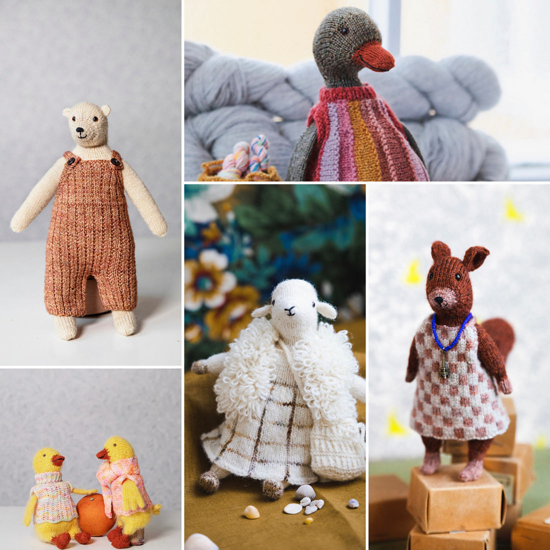 Collage of knitted animals including a bear, duck, sheep, and deer with various outfits.
