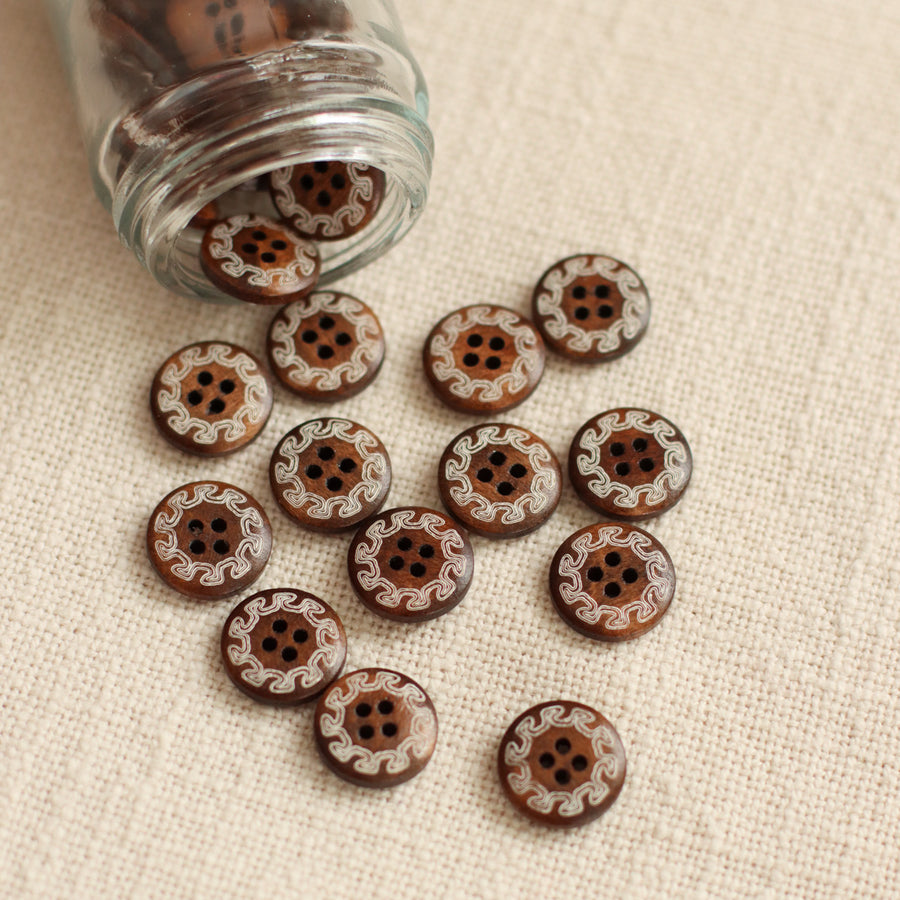 Brown Patterned Wooden Buttons | Small 15mm