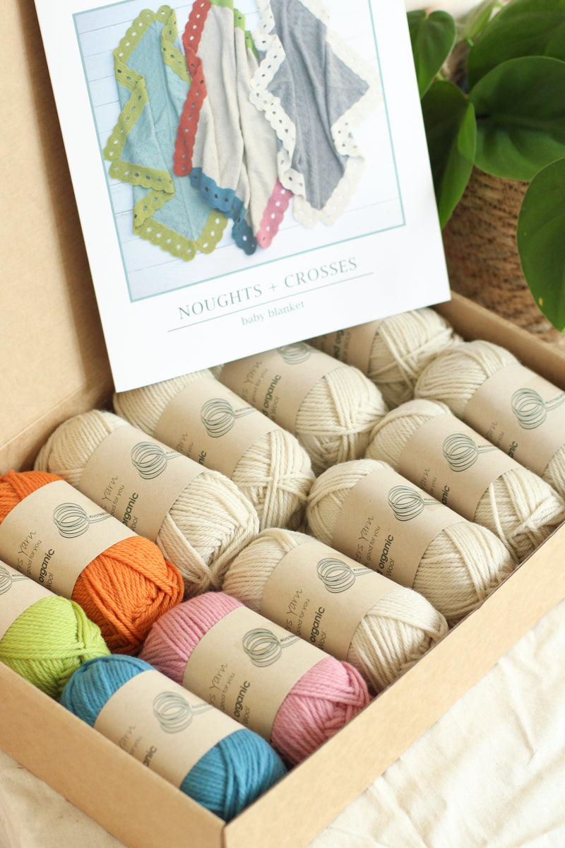 Noughts & Crosses Baby Blanket by Debra Kinsey | Organic Wool Knitting Kit